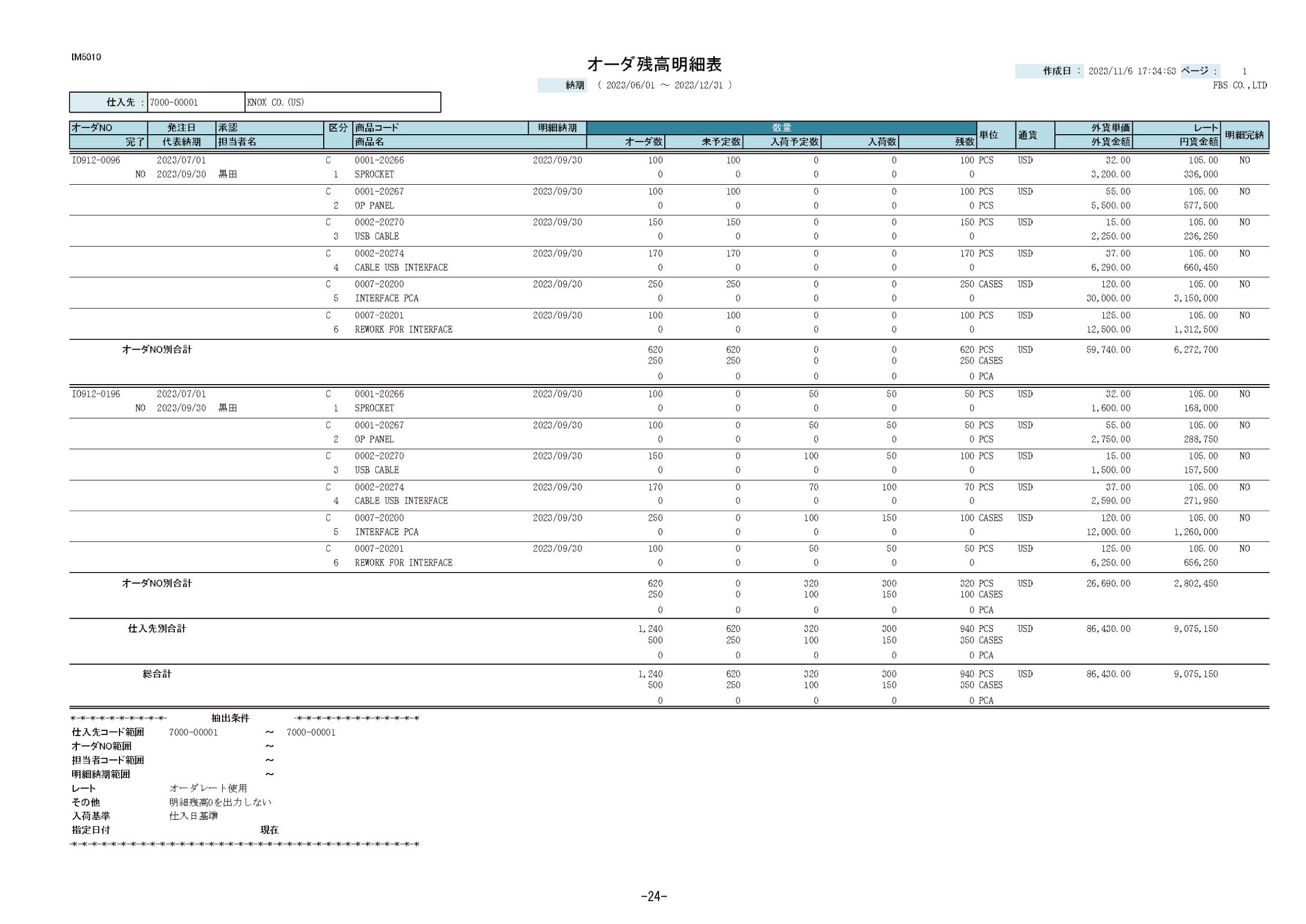 オーダー残高明細表